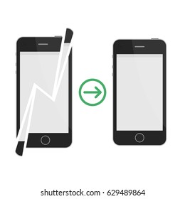 Broken and repaired smartphone isolated on white background. Mobile service, repair concept. Vector illustration. EPS 10.