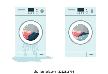 Broken and repaired washing machine. Front view. Household appliances close-up. Broken washing machine with leaking. Flat vector illustration on white isolated background.