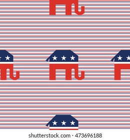 Broken republican elephants seamless pattern on red and blue diagonal stripes background. USA presidential elections patriotic wallpaper with broken republican elephants.