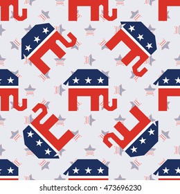 Broken republican elephants seamless pattern on american stars background. USA presidential elections patriotic wallpaper with broken republican elephants. Tiling pattern vector illustration.