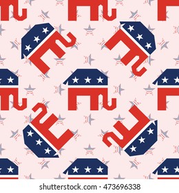 Broken republican elephants seamless pattern on national stars background. USA presidential elections patriotic wallpaper with broken republican elephants. Tiling pattern vector illustration.