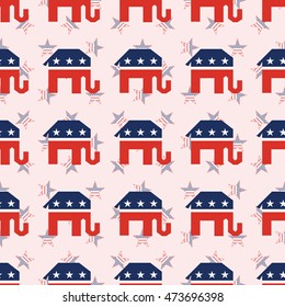 Broken republican elephants seamless pattern on national stars background. USA presidential elections patriotic wallpaper with broken republican elephants. Continuos pattern vector illustration.