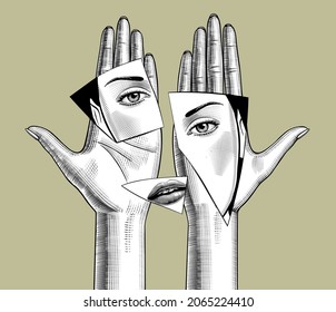 Espejo retro roto con un marco decorativo y la mujer se enfrenta a la reflexión en la sombra. Dibujo estilizado de grabado de época. Ilustración vectorial