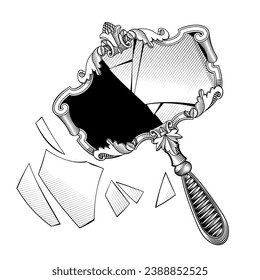 Broken retro mirror with a decorative frame and handle isolated on white. Vintage black and white engraving stylized drawing. Vector Illustration