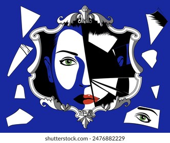 Broken retro mirror in a decorative frame with a woman face reflection in the shards in blue, white and black colors. Drawing in colorful flat style. Vector illustration