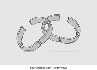 broken ring as a symbol for end of love and divorce of two people, crosshatched image