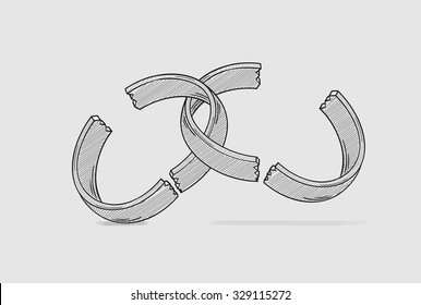 broken ring as a symbol for end of love and divorce of two people, crosshatched image