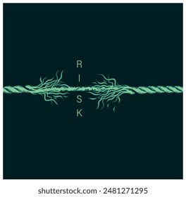 Broken risk rope. Risk analysis, Definition, Types process steps. frayed rope about to break concept for stress, problem, fragility or precarious business situation concept