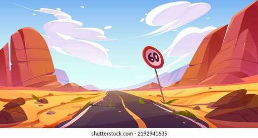 Broken road in desert landscape, straight empty highway with cracked asphalt and rickety sign. Long way along sand dunes and rock perspective view. Deserted land cartoon background Vector