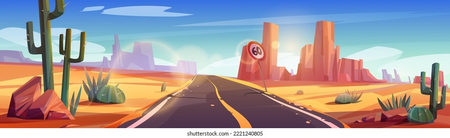 Broken road in desert landscape, straight empty highway with cracked asphalt and rickety sign. Long way along sand dunes and rock perspective view with light flares effect, Cartoon vector background