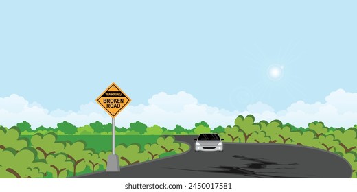 Señal de advertencia rota. La carretera se derrumba con enormes grietas. Carretera de asfalto colapsó y cayó después de una fuerte inundación o terremoto, Ilustración vectorial.