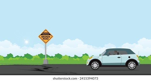 Broken road sign warning. Construction work on the road, repair road, Vector illustration.