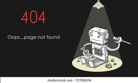 Broken Robot 404 Page Not Found Error, a hand drawn vector illustration of a website error message.