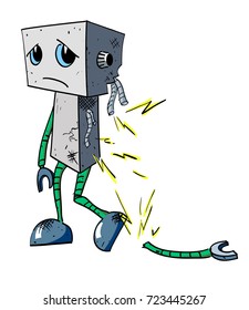 Broken robot cartoon image. Artistic freehand drawing.