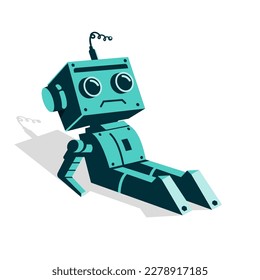 Broken robot. Damaged robotic character cartoon. Vector illustration flat design. Isolated on white background.