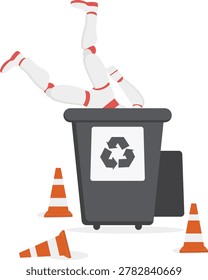 Broken robot dumped upside down inside recycling bin
