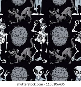 broken robot, funny dog, alien seamless pattern