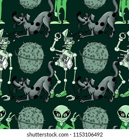 broken robot, funny dog, alien seamless pattern