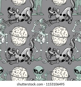 broken robot, funny dog, alien seamless pattern