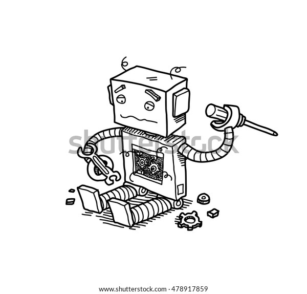 壊れたロボット 壊れたロボットが自分自身を修正しようとしている手描きのベクトル落書きの漫画のイラスト のベクター画像素材 ロイヤリティフリー