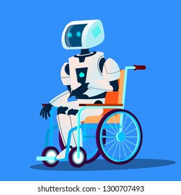 Broken Robot Moving In Wheelchair Vector. Isolated Illustration