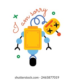 Broken robot with sorry typography, flat sticker 