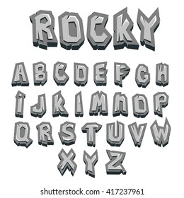 broken rocky alphabet with cracks. Abstract stone shift cutted alphabet. Art and craft design. Capital letters. Isolated on white Vector illustration.