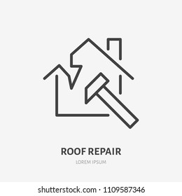 Broken roof, roofing flat line icon. House construction sign. Thin linear logo for home repair services.