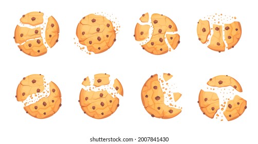 Broken round chocolate oatmeal chip cookie biscuits set. Sweet food, pastry dessert choco chip crumbs, crunchy bite cracker tasty nutrition vector illustration isolated on white background