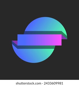 Broken round logo isometric geometric shapes divided by horizontal stripes of vibrant colors on two half circles and a rectangle, folded perspective layers of paper material made of colorful gradient.