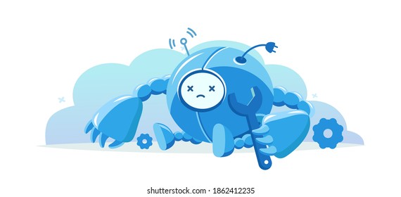 Broken round robot. Repairs service scene. Breaking mistake situation. Cartoon vector flat. Character mascot. Support does not work. Service-center.