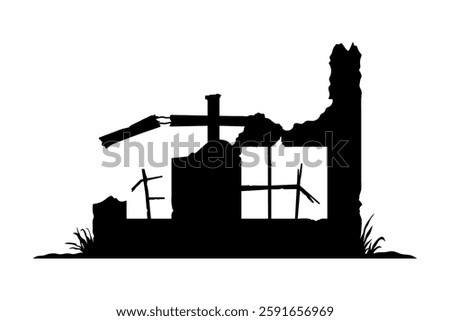 Broken ruined building icon. Black silhouette. Front side view. Vector simple flat graphic illustration. Isolated object on white background. Isolate.