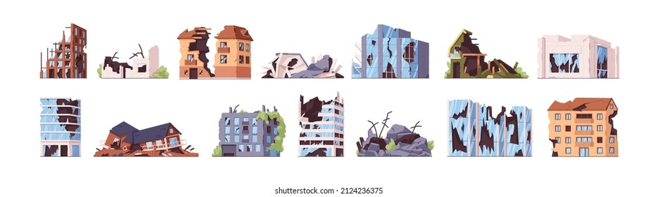 Broken ruined buildings  houses set  Damaged destroyed constructions and debris   cracks  Destruction property  structures in catastrophe  Flat vector illustrations isolated white background