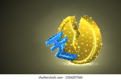 Broken Rupee Golden Coin colorful 3d illustration. Polygonal Vector business, money, unstable finance, crash, broken circle concept. Low poly wireframe, triangle, lines, dots, polygons