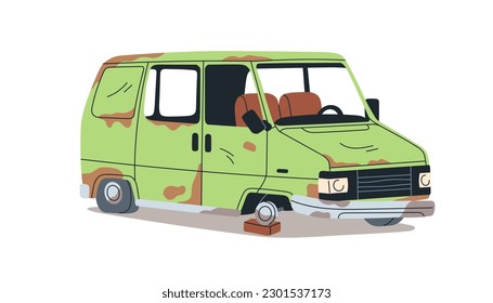 Broken rusted abandoned van. Aged car junk. Damaged rusty decrepit auto truck in bad condition. Dirty crushed ruined automobile rotting. Flat vector illustration isolated on white background