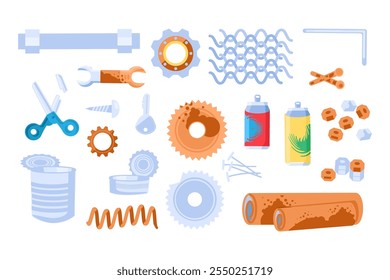 Broken rusty unwanted steel objects kit. Pieces of wire and mesh, aluminum cans, rusty sheet metal, broken household metal products. Recycling of Metal. Simple cartoon flat vector isolated on white