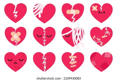 Broken sad hearts with tears, cracks, aid bandages and stitches. Heartbreak, divorce and relationship breakup symbol characters vector set. Depressive feelings, wounds with bandages