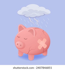 Broken sad piggy bank under the rain: financial failure and loss concept