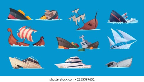 Broken sailor boats. Crash accident in sea damaged ships and brigantines exact vector cartoon collection