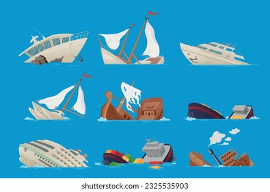 Broken sailor boats crash accident in sea damaged ships and brigantines set isometric vector illustration. Marine catastrophe vessel sail failure rescue problem storm accident nautical transportation