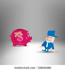 Broken savings with panic business man