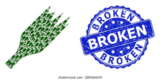 Broken scratched round seal imitation and vector recursion mosaic broken wine bottle. Blue seal contains Broken text inside round shape.