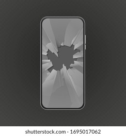 Broken screen. Crashed smartphone, glass hole. Isolated realistic unworked modern phone vector illustration