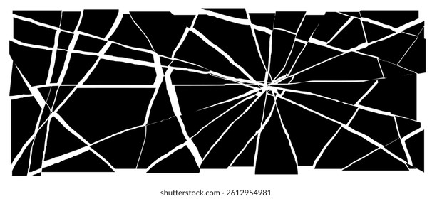 Broken screen glass effect crack shards silhouette, Rectangle bg decay grunge texture, Vector illustration.