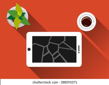 Broken screen illustration. Crack screen concept. Flat design with long shadow. 