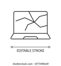 Broken screen linear icon. Cracked display. Crashed monitor. Computer damage. Laptop problems. Thin line customizable illustration. Contour symbol. Vector isolated outline drawing. Editable stroke