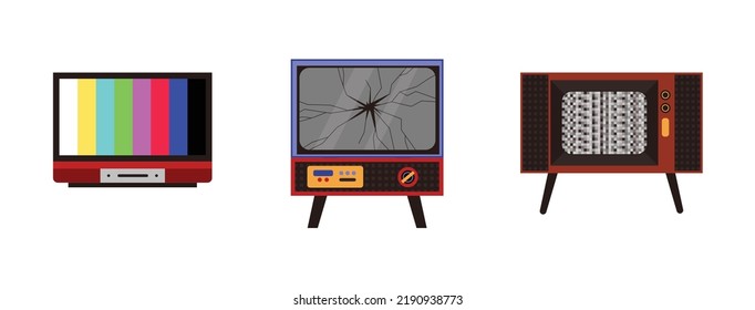 Broken Screen And No Signal Tv Monitors Set, Flat Vector Illustration Isolated On White Background. Retro Televisions Out Of Order And Broken Collection.