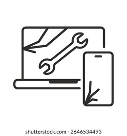 Tela quebrada no dispositivo. Ilustração de vetor linear. Ícone de reparo de gadget quebrado. Reparar serviço. Símbolos simples. Telefone, computador e chave inglesa.