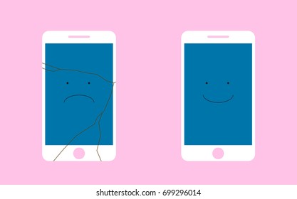Broken Screen phone with a sad smile, and the whole phone is smiling. Flat vector illustration