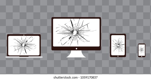Broken screen  set of  computer, laptop, cell phone, monitor. 